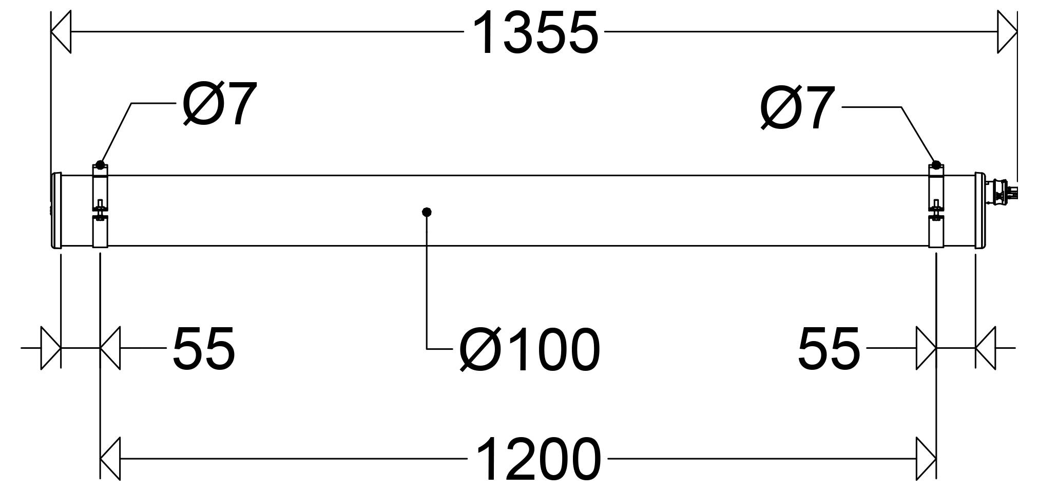 Tehnički crtež cilindričnog dijela koji prikazuje ukupnu dužinu 1355, dužinu tijela 1200, promjer Ø100, i završne dimenzije Ø7 i 55 sa obje strane.