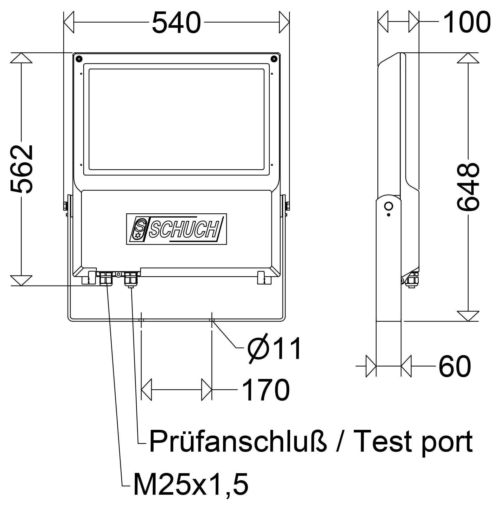 Tehnički crtež uređaja SCHÜCH, prikaz sprijeda i sa strane, označen s mjerama 540, 562, 648, 170, 100, 60, Ø11 i test portom M25x1.5.