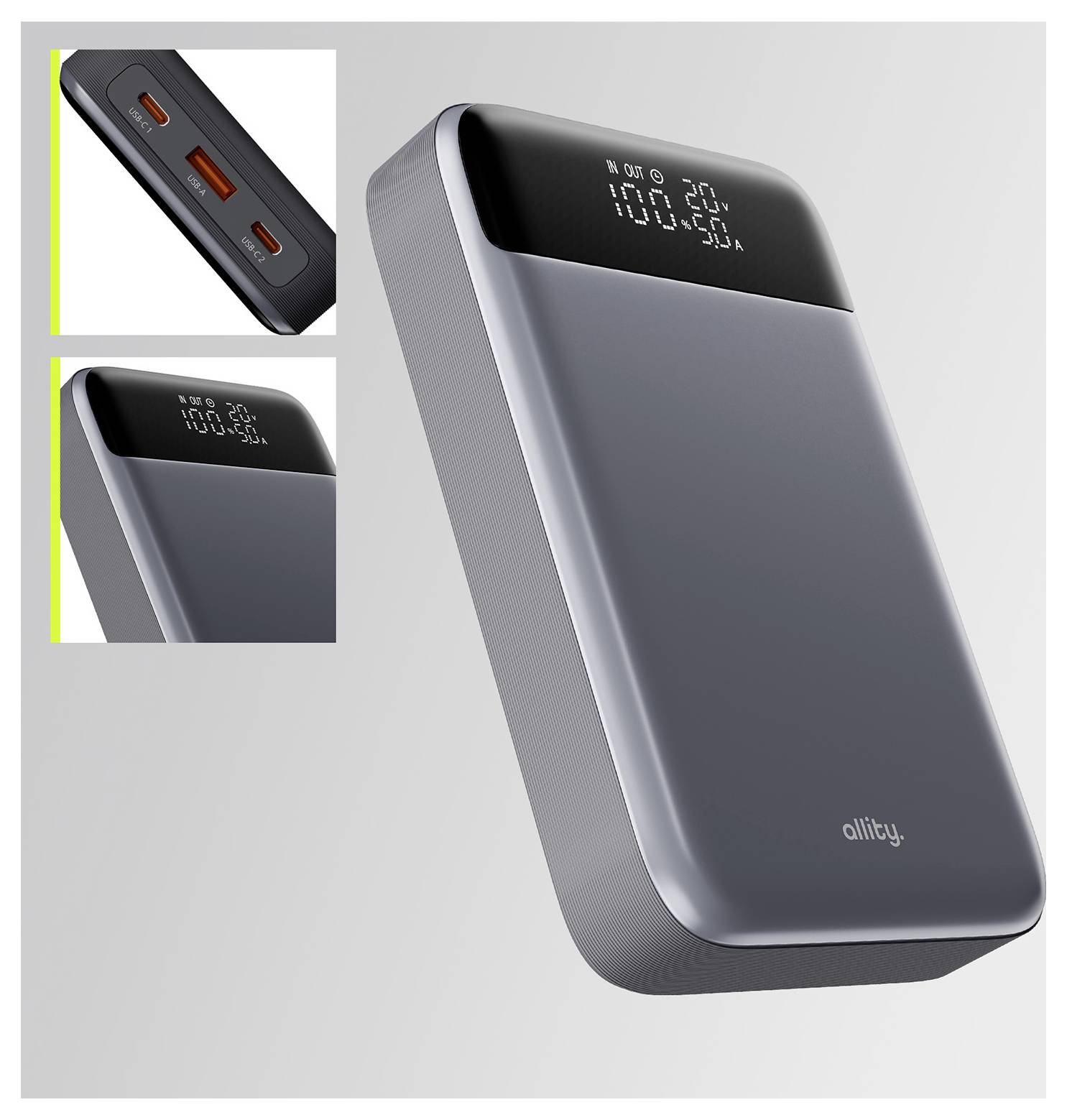 Siva prijenosna banka za napajanje s digitalnim ekranom baterije; umetak prikazuje dva USB priključka i ekran punjenja.