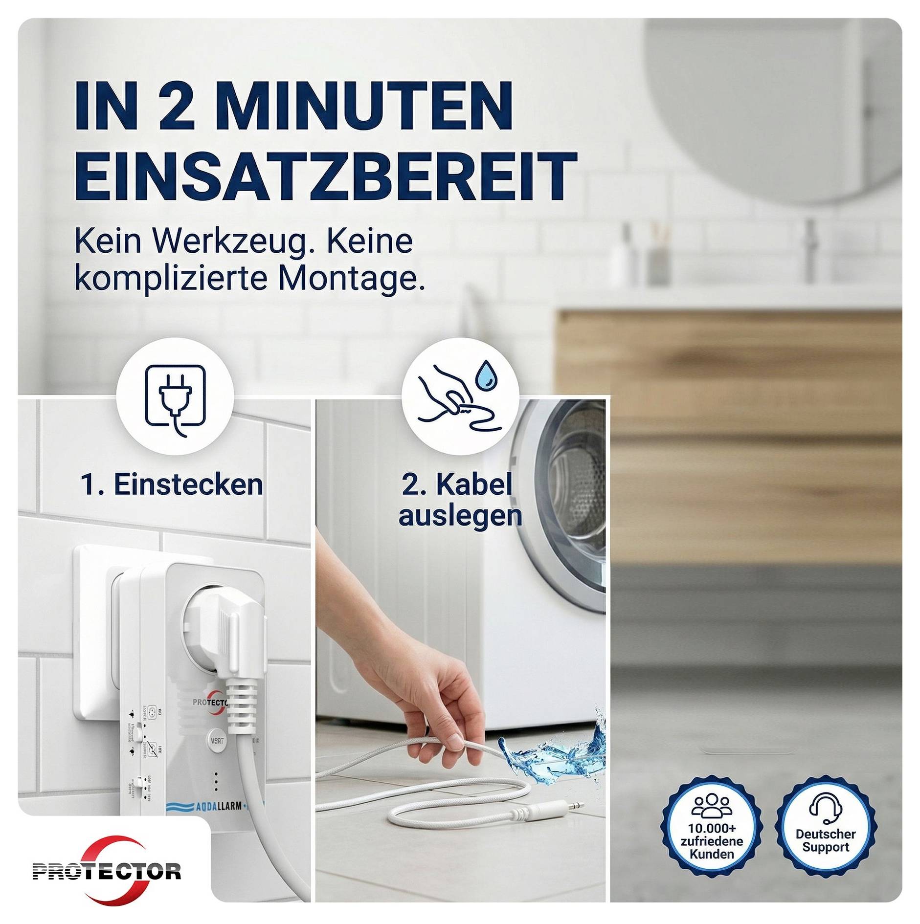 Oglas za zaštitni uređaj za vodu: 'Za 2 minute spreman za uporabu', bez alata ili komplicirane instalacije; korak 1 priključite, korak 2 razmotajte kabel, s oznakom za njemačku podršku i više od 10 000 zadovoljnih kupaca.