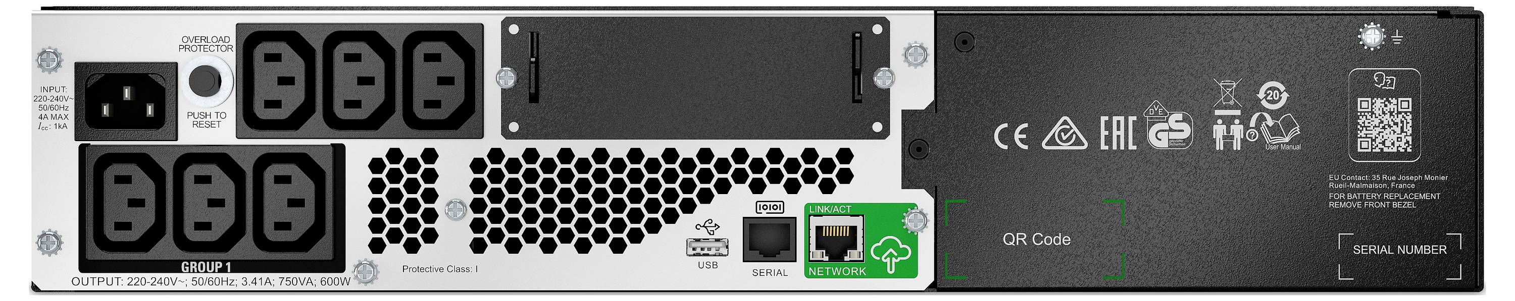 Stražnja ploča jedinice za napajanje s utičnicama za AC ulaz, otvorima za ventilaciju, portima Ethernet i USB, te QR kodom na desnoj strani.