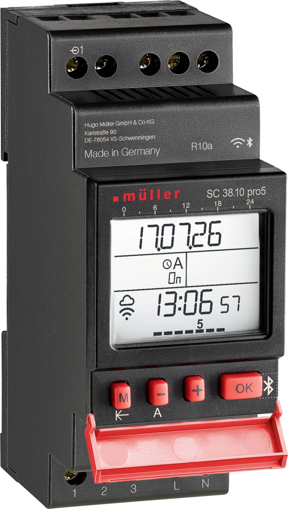 Digitalni brojač električne energije prikazuje 170726 kWh, vrijeme 13:06:57, i crvena kontrolna ploča s gumbima M, -, +, i OK.