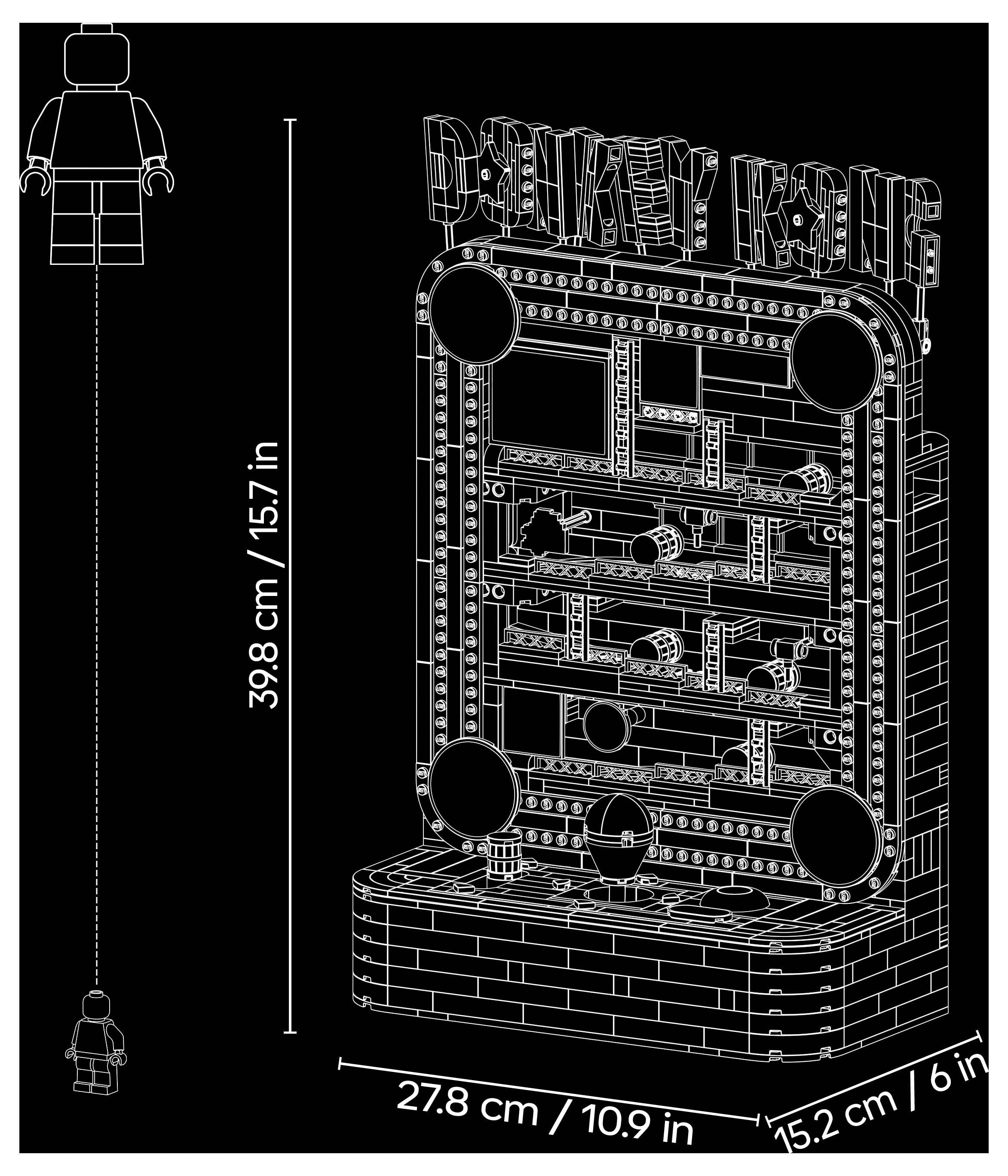 Kutija LEGO građevnog seta u stilu žičanog okvira s temom 'Miki Miš', s dimenzijama 39,8 cm x 27,8 cm x 15,2 cm.