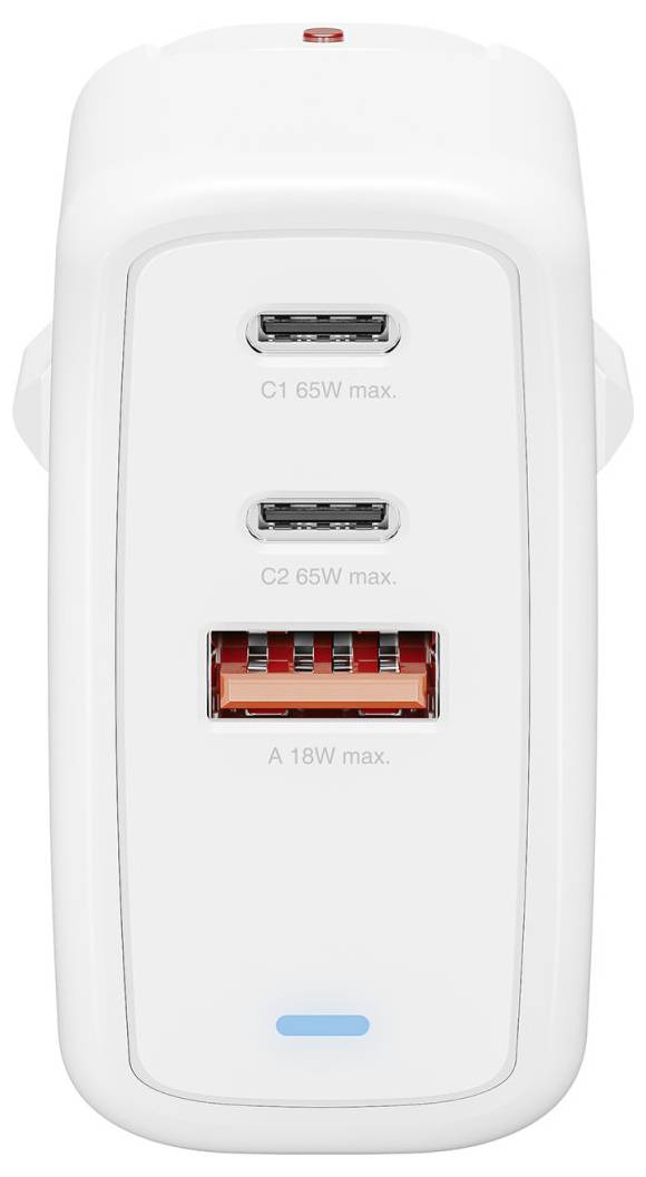 Bijeli zidni adapter s dva USB-C priključka označena s 'C1 65W maks.' i 'C2 65W maks.' iznad crvenog USB-A priključka označenog s 'A 18W maks.'