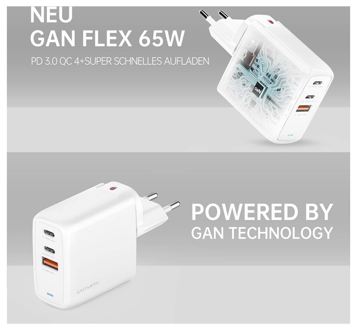 Promotivna slika bijelog NEU GAN FLEX 65W USB-C zidnog punjača, prikazana iz dva kuta, s tekstom 'PD 3.0 QC 4+ SUPER BRZO PUNJENJE' i 'POGANJANO GAN TEHNOLOGIJOM'.