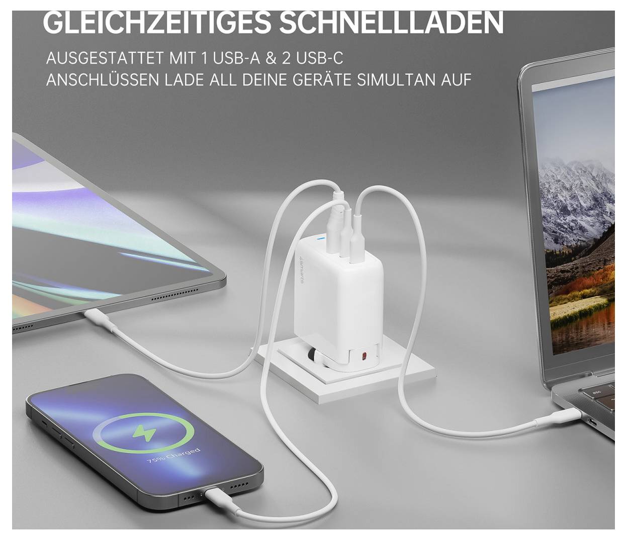 USB-C i USB-A priključni adapter s mogućnosti istovremenog brzog punjenja više uređaja, označen na hrvatskom 'Istovremeno brzo punjenje'