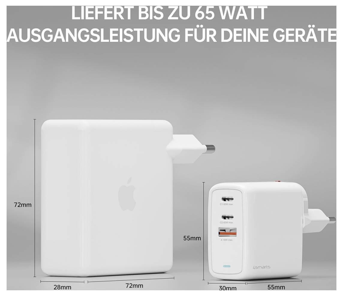 Usporedna slika dva bijela adapter za napajanje s njemačkim tekstom koji glasi 'pruža do 65 vata izlazne snage za tvoje uređaje'; prikazuje dimenzije veličine: 72x28 mm i 55x30 mm.