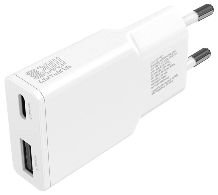 Bijeli USB-C adapter snage 20W s preklapajućim europskim utikačem i dva priključka, prikazan u prikazu proizvoda na običnoj pozadini
