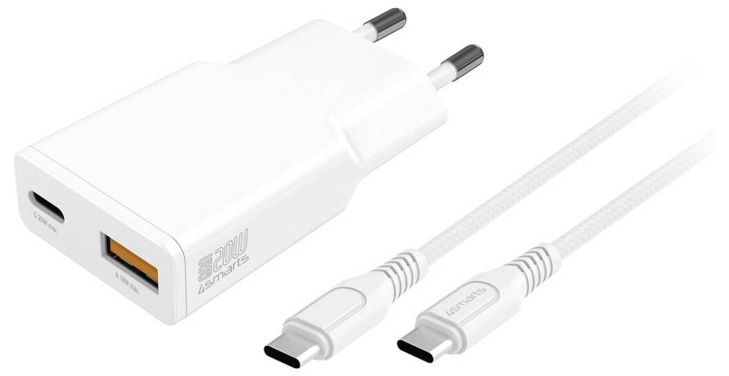 Bijeli USB zidni punjač s dva europska utikača, USB-A priključkom i bijeli USB-C kabel s metalnim vrhovima priložen.