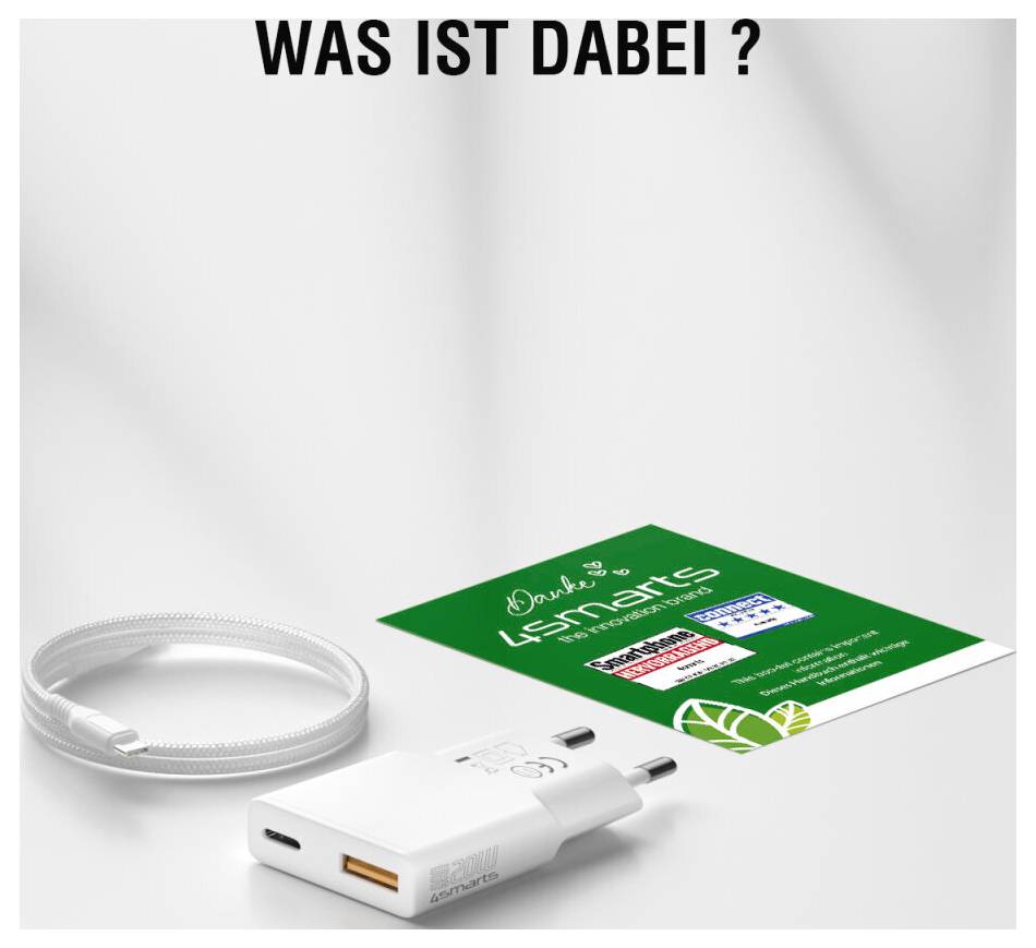 HRVATSKI PROMO SNIMAK NASLOVLJEN 'ŠTA JE UKLJUČENO?' koji prikazuje namotanu USB kabal, bijeli USB zidni punjač, i zelenu LsSmartS karticu/umetak na svijetloj pozadini.