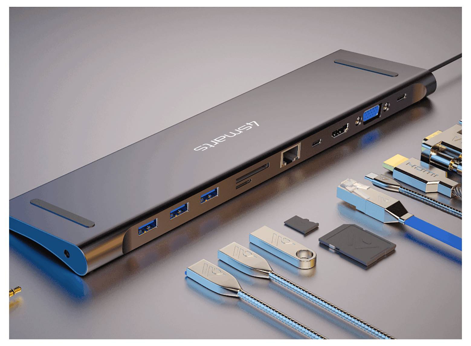Lenovo USB-C priključna stanica s više portova, prikazana s odvojivim konektorima i adapterima raspoređenim pored nje na sivoj površini.