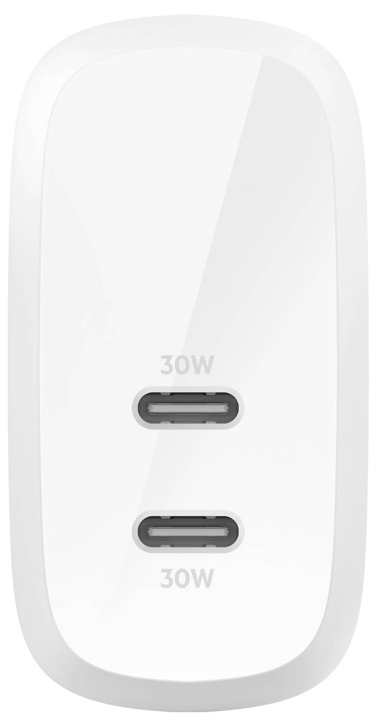 Bijač za zid s dvostrukim USB-C portom s dva priključka, svaki označen s 30W.