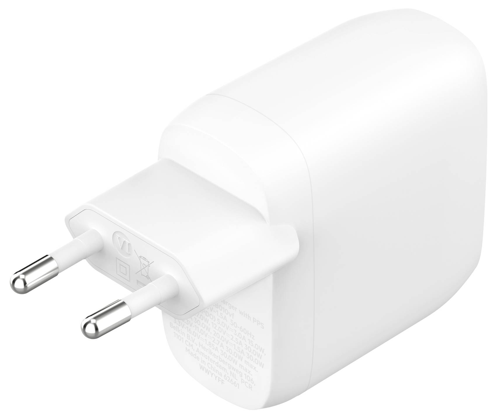 Bijeli USB-style adapter za napajanje s dva okrugla europska utikača na običnoj bijeloj pozadini.
