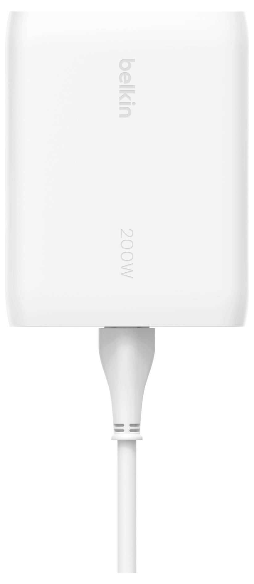 Bijeli Belkinov adapter od 200W s jednim kablom priključenim na dno, prikazan na običnoj pozadini.