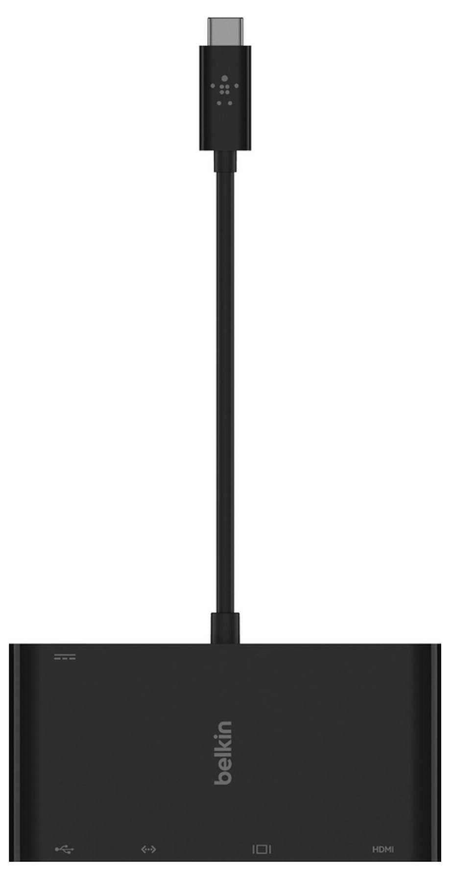 Crni Belkin USB-C hub adapter s dugačkim kabelom, prikazan iz prednje perspektive s više priključaka i HDMI oznakom.