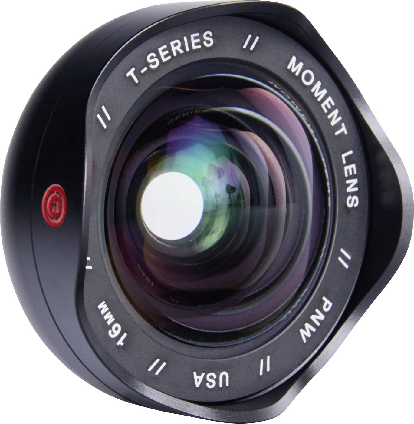 Detaljni prikaz crnog T-Series objektivnog dodatka Moment, koji pokazuje prednje staklo i ugravirani tekst 'T-SERIES', 'MOMENT LENS', 'P.N. USA', i '16mm'.