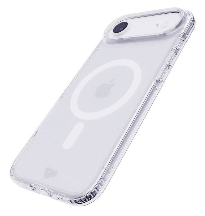 Prozirna futrola za iPhone s MagSafe prstenom i izrezom za kameru, prikazana pod kutom na bijeloj pozadini.