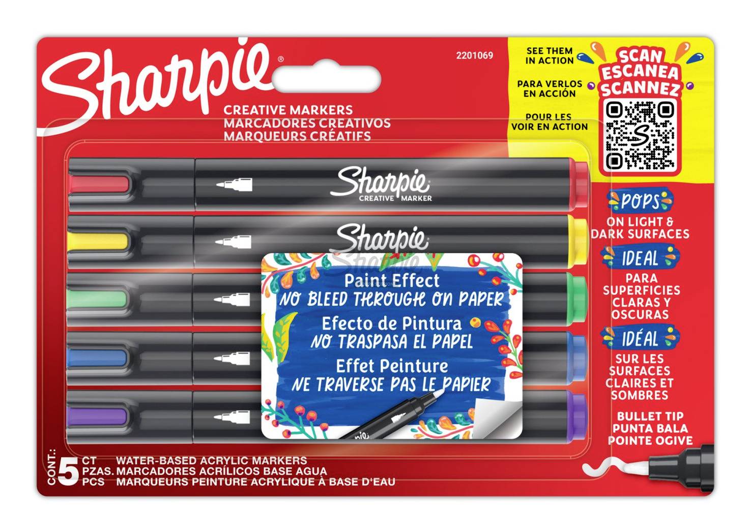 Paket Sharpie Creative Marker, 5 vodenih akrilnih markera za crtanje s klinom; etiketa kaže 'Bez prodiranja kroz papir' i sadrži QR kod.