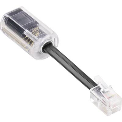 Prozirni RJ45 Ethernet kabelski priključak s kratkim crnim kablom i vidljivim unutarnjim žicama.