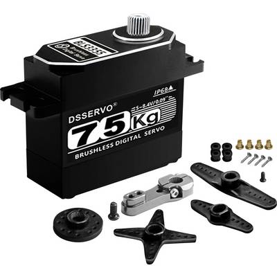 Crni DSServo 75kg bešutkasti digitalni servo s montažnim krakama, vijcima i pribor prikazani na bijeloj pozadini.
