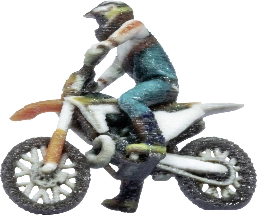 Minijaturna figura vozača na motociklu za enduro, prikazana sa strane na bijeloj pozadini.