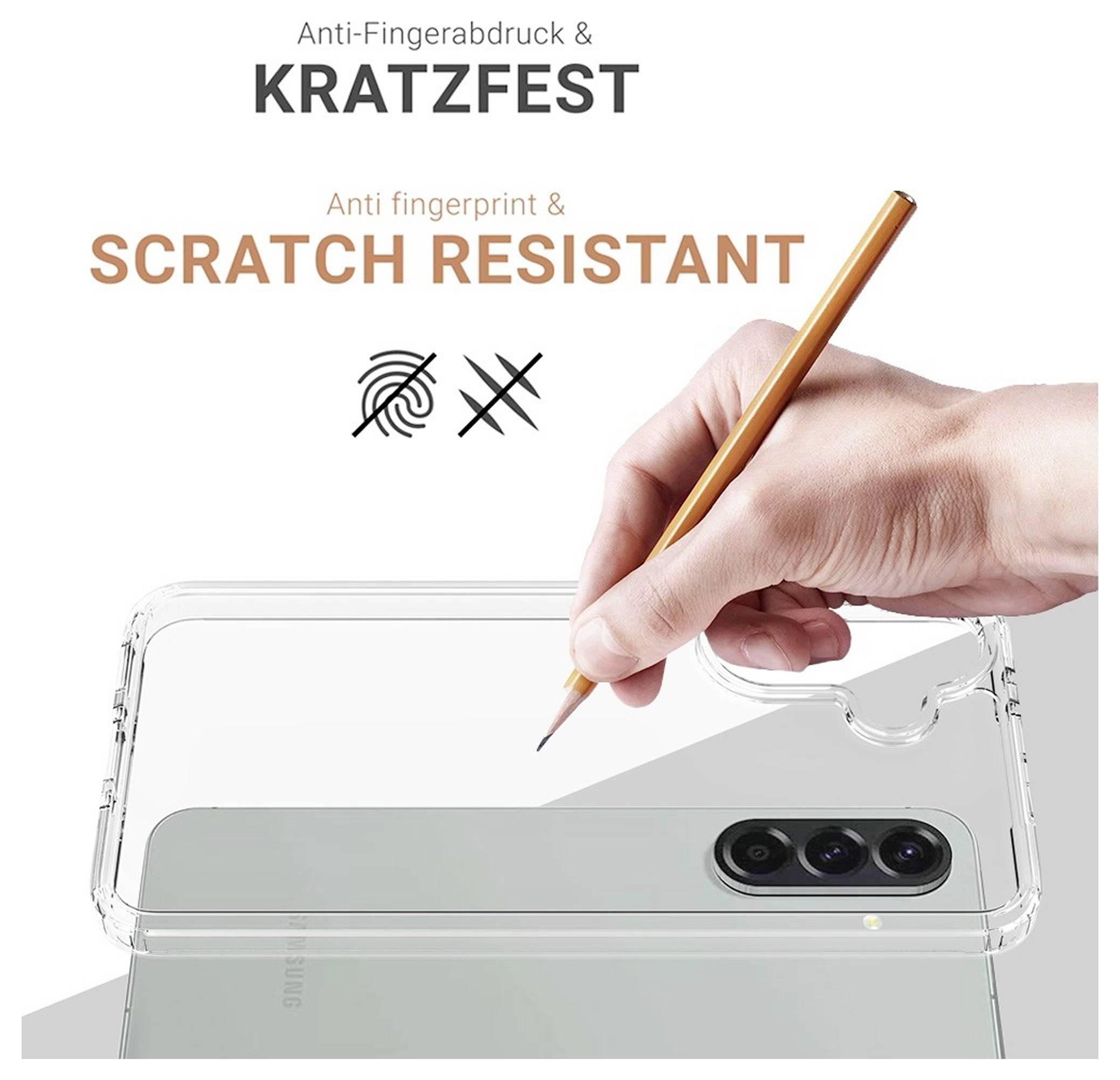 Ruka koja demonstrira otpornu površinu na ogrebotine i otpornu na otiske prstiju prozirne maske za telefon sa olovkom; tekst glasi 'Anti-Fingerabdruck & KRATZFEST' i 'Anti fingerprint & SCRATCH RESISTANT'.
