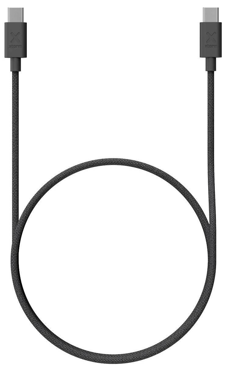 Crni USB-C kabel prikazan kao namotana petlja sa konektorima na oba kraja na bijeloj pozadini.
