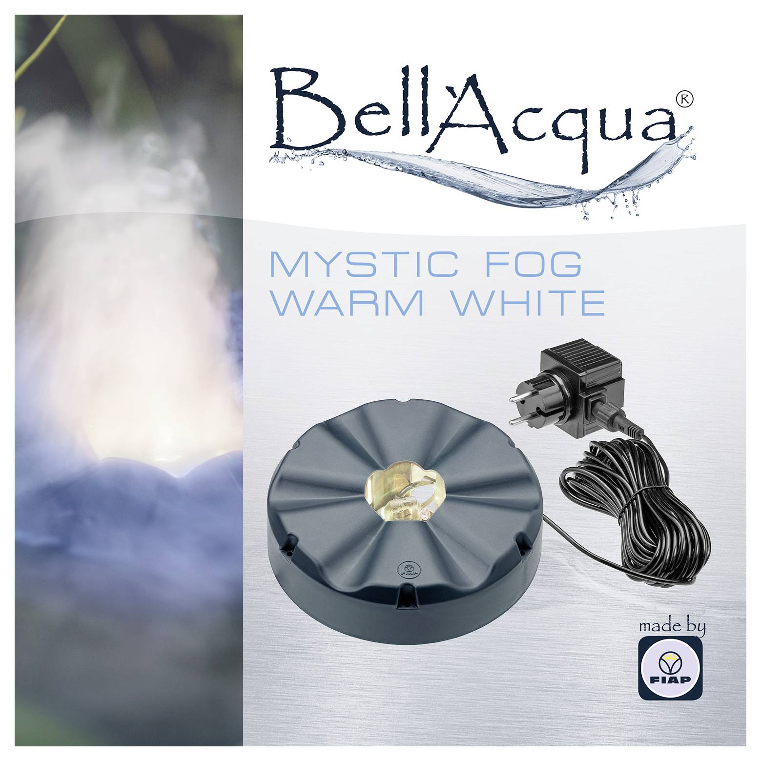 BellaAcqua Mystic Fog Topla bijela magljena fontana s osvjetljenjem i napajačem, prikazana kao oglasna slika proizvoda.