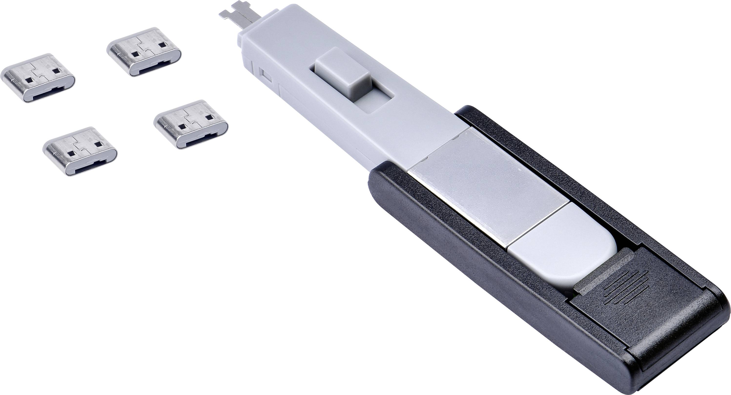 USB flash pogon s četiri zamjenjiva priključka, prikazan pored pogona na bijeloj pozadini.