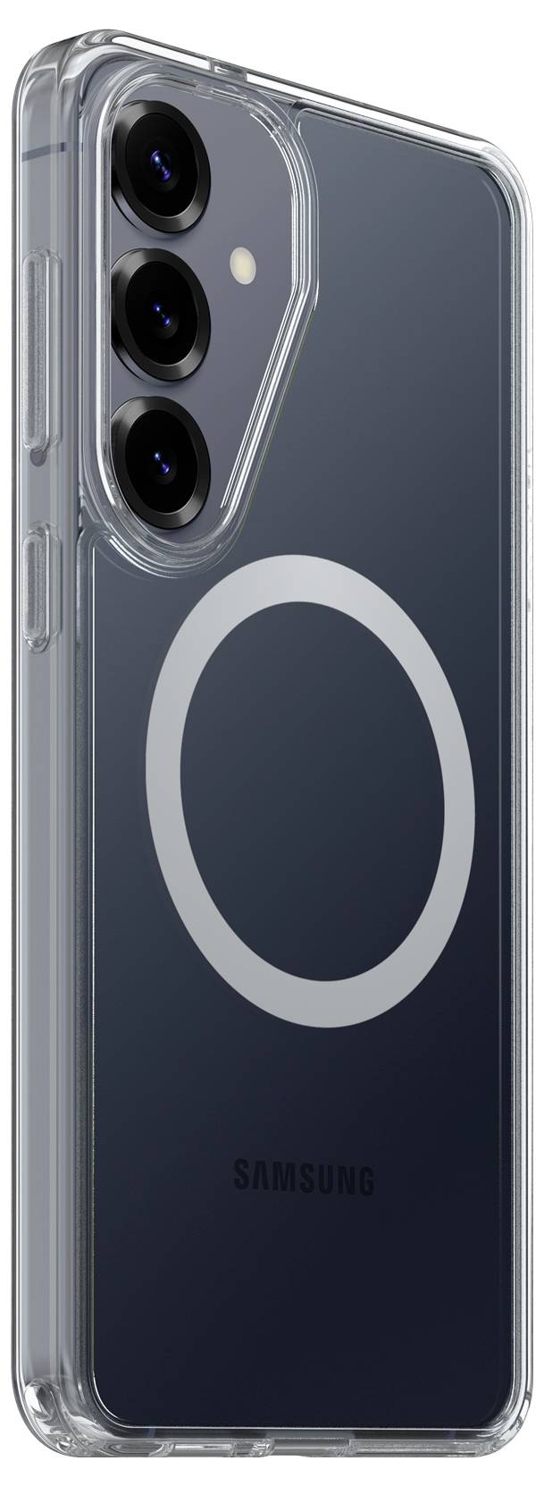 Transparentna futrola za Samsung telefon na tamnom Samsung pametnom telefonu, pokazujući trostruku stražnju kameru i veliki magnetski prsten na leđima.