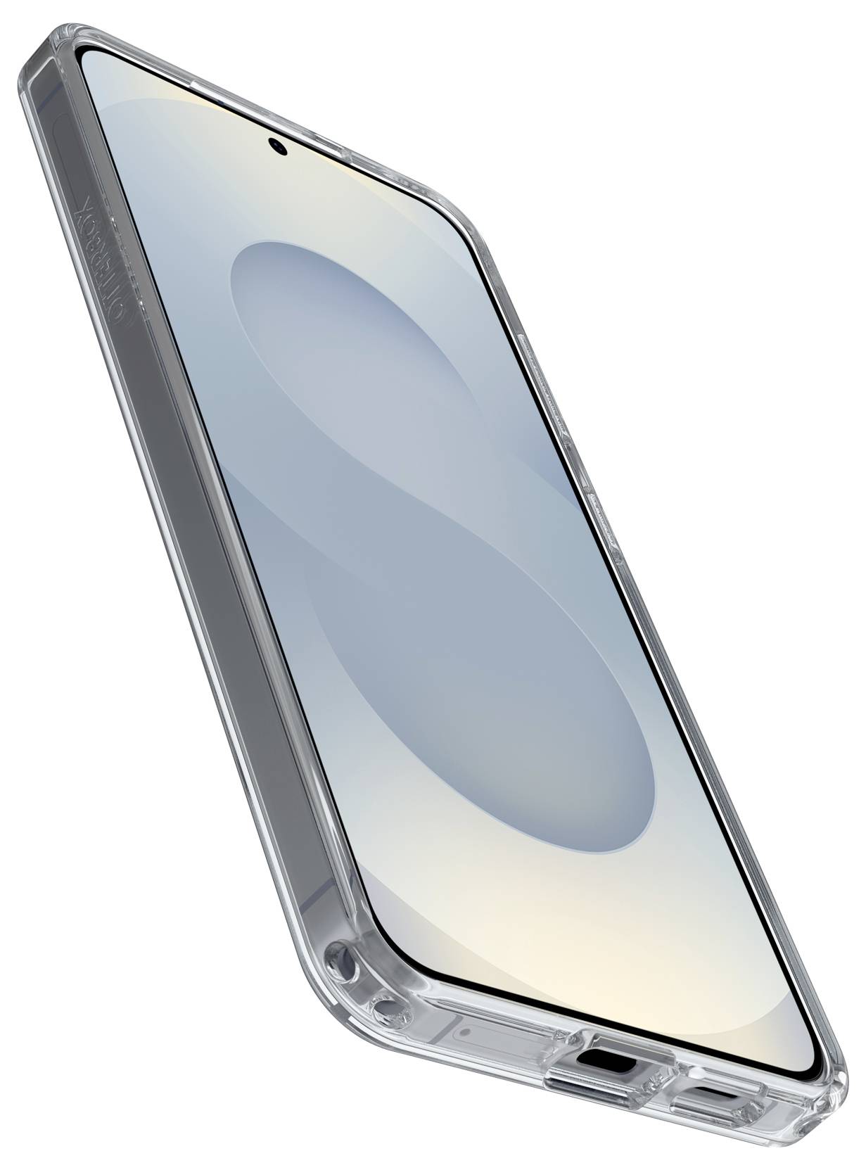 Pametni telefon prikazan pod kutom u prozirnoj zaštitnoj futroli, sa svetlom apstraktnom pozadinom na ekranu.