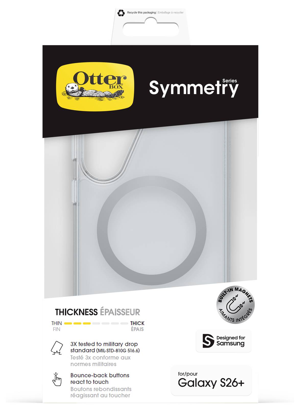 OtterBox Symmetry Series futrola za telefon Galaxy S26+, prikazuje tanku, prozirnu futrolu s MagSafe stilskom prstenom i tvrdnjama o zaštiti od vojnog pada.