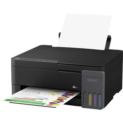 Crni Epson InkTank pisač koji ispisuje barevnu stranicu, s papirom učitanim u stražnju ladicu i vidljive tinte na prednjoj strani.