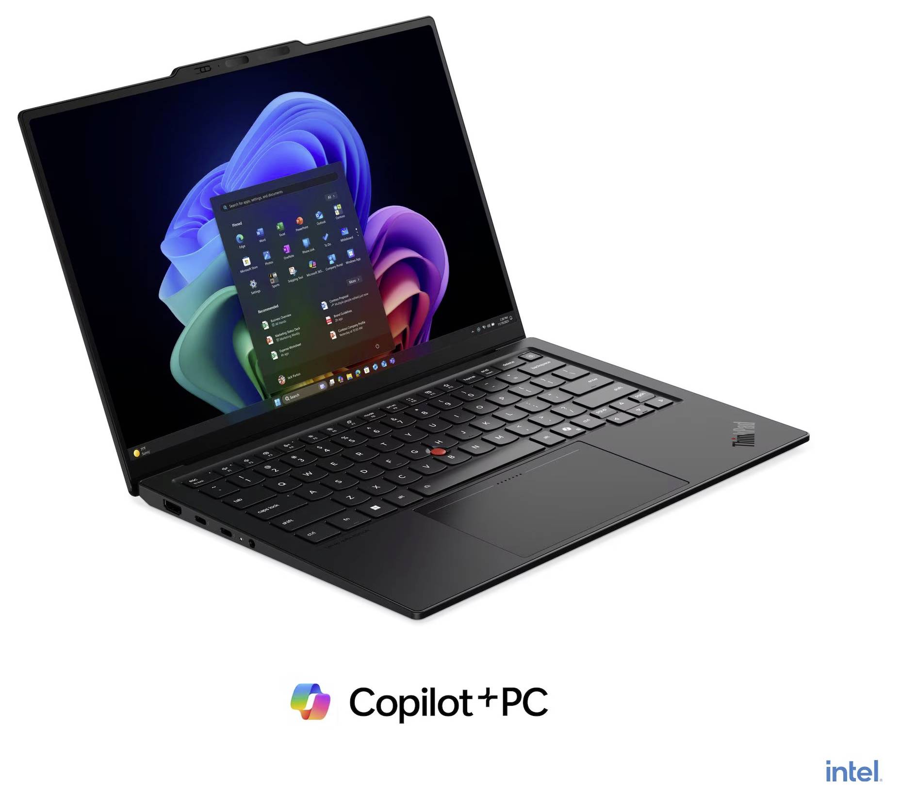 Crni prijenosni računal otvoren sa sustavom Windows 11 na ekranu, prikazan kao Copilot+ PC s Intel markom.