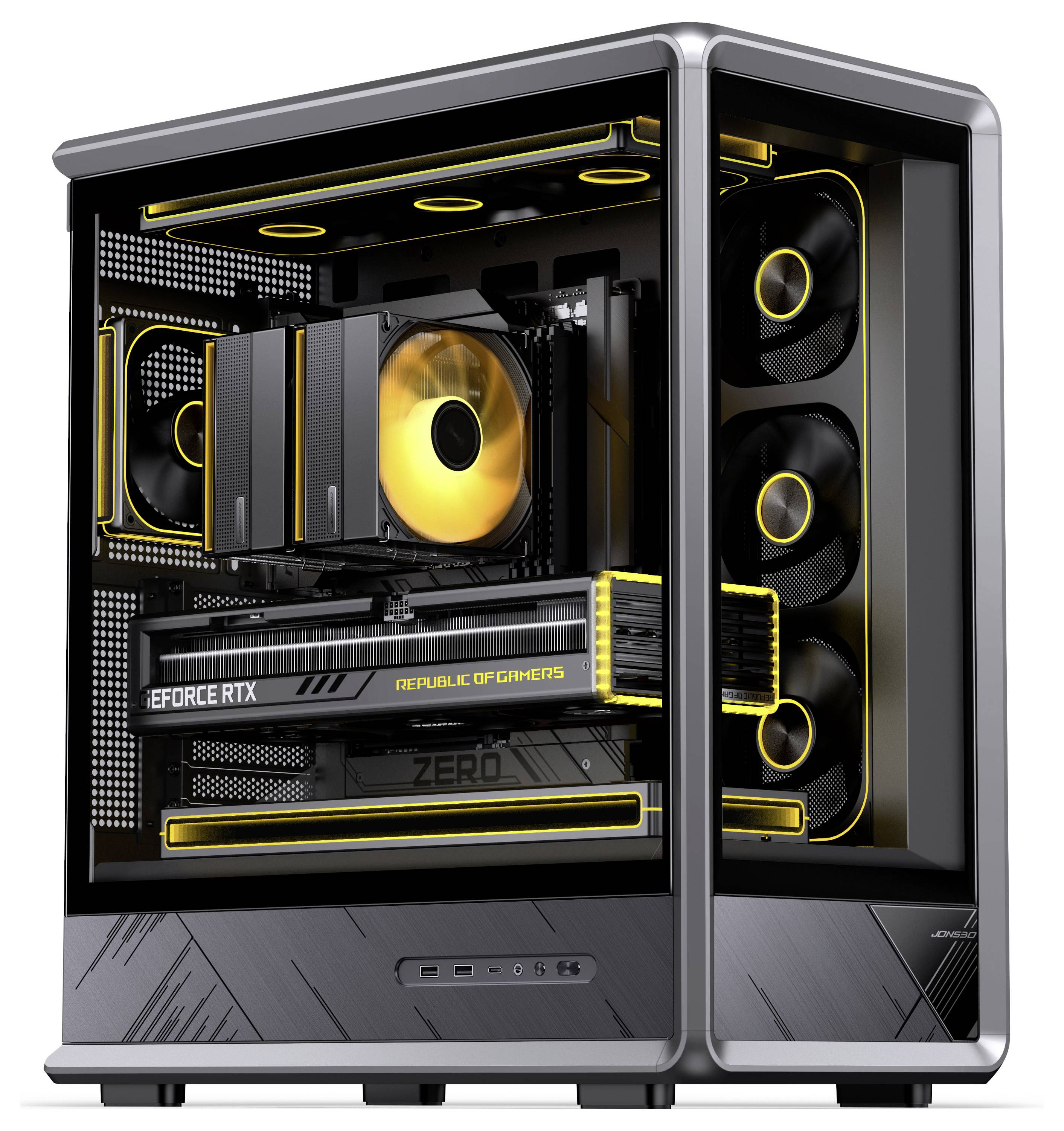 Crna gaming desktop računalna jedinica sa staklenim panelima, RGB osvjetljenim ventilatorima i CPU hlađenjem, sa vidljivom RTX grafičkom karticom u unutrašnjosti.