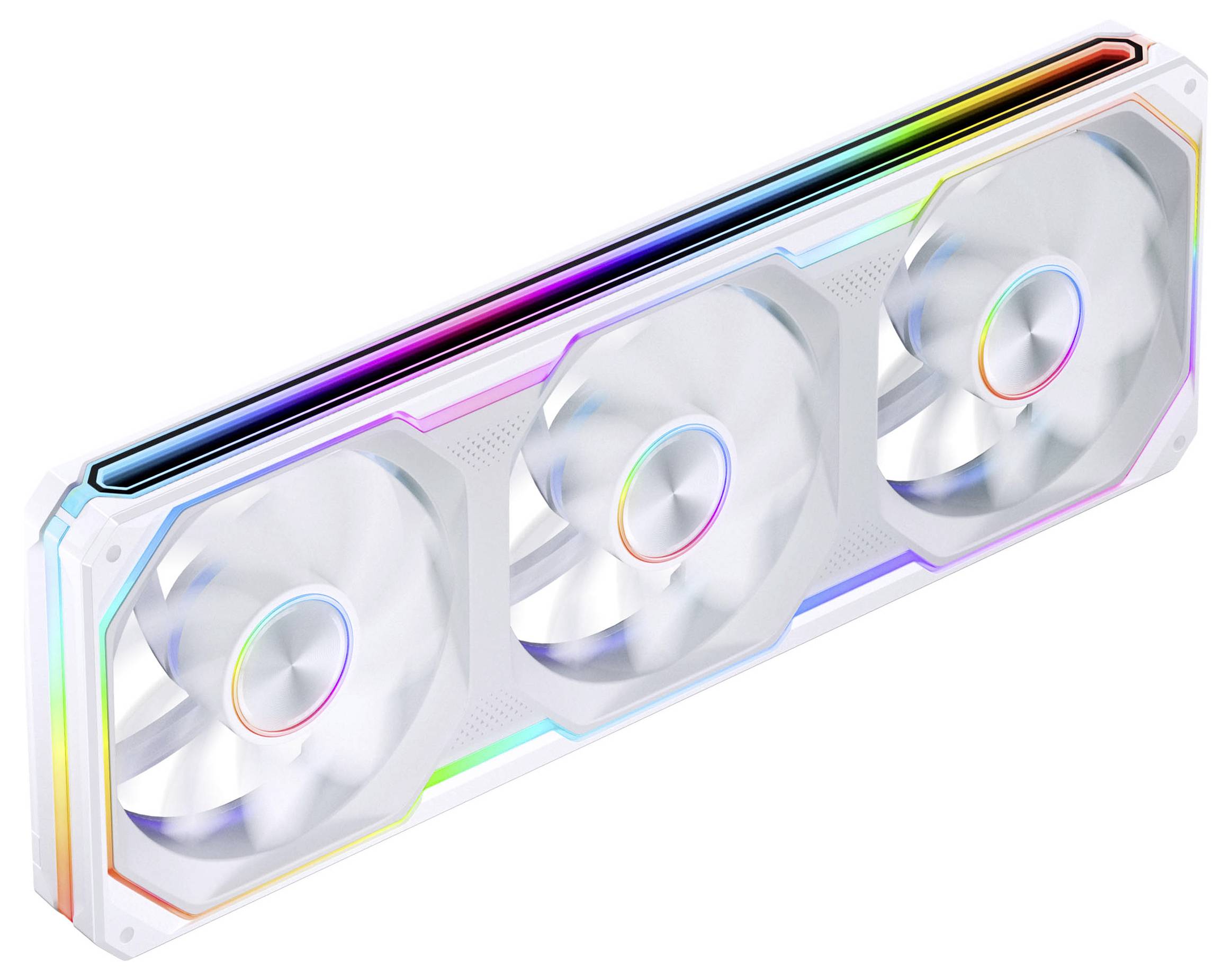 Bijela grafička kartica za računalo s tri ventilatora i bojnom LED trakom RGB duž rubova, prikazana na običnoj pozadini.