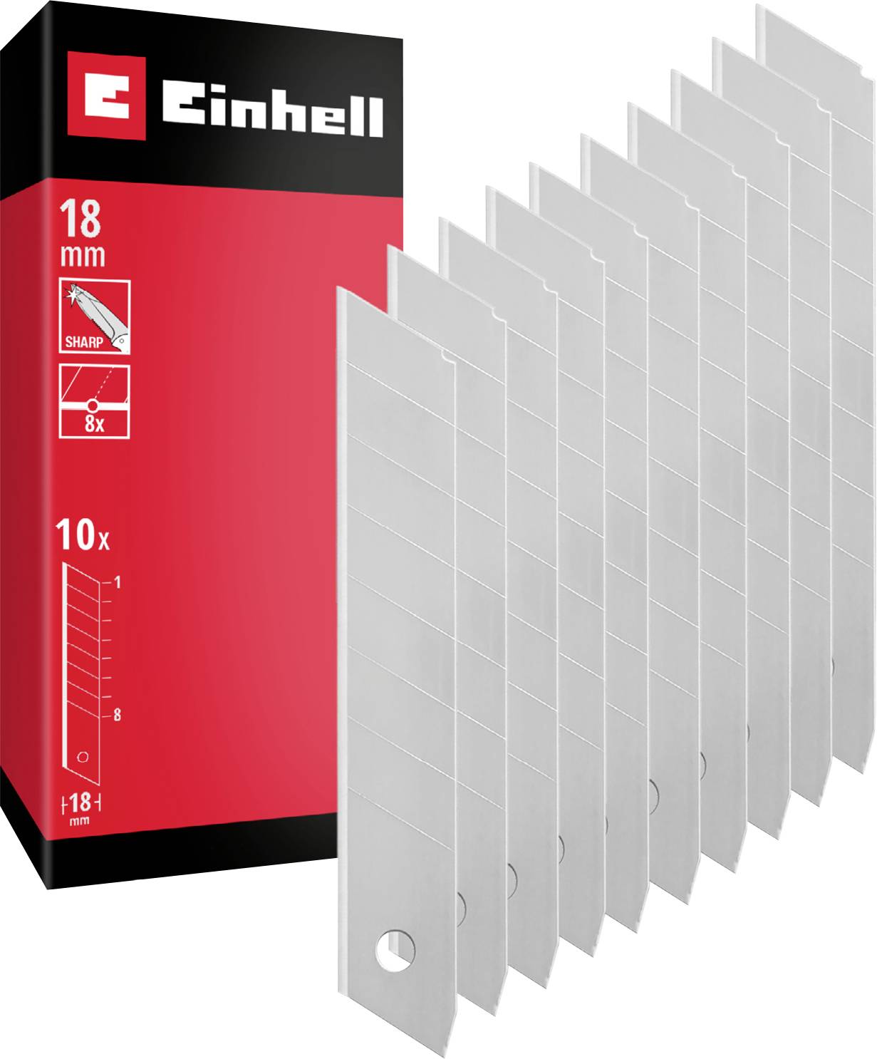 Einhell set štrljećih nožnih oštrica od 18 mm, 10 srebrnih zamjenskih oštrica u crvenoj i crnoj kutiji.