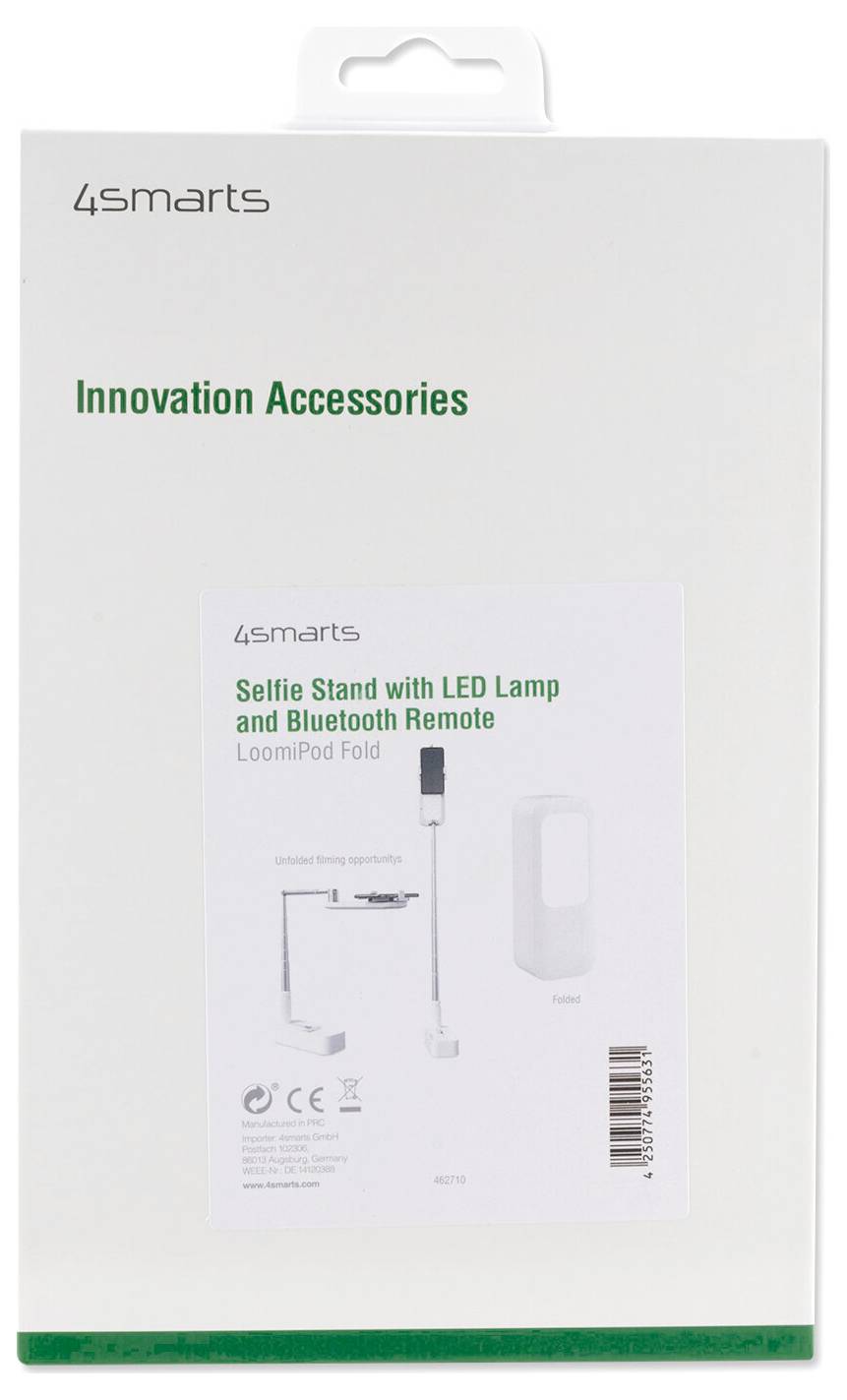 4smarts Innovation Accessories kutija za selfie stalak sa LED lampom i Bluetooth daljinskom, sa produktnom slikom i barkod kodom na prednjoj strani.