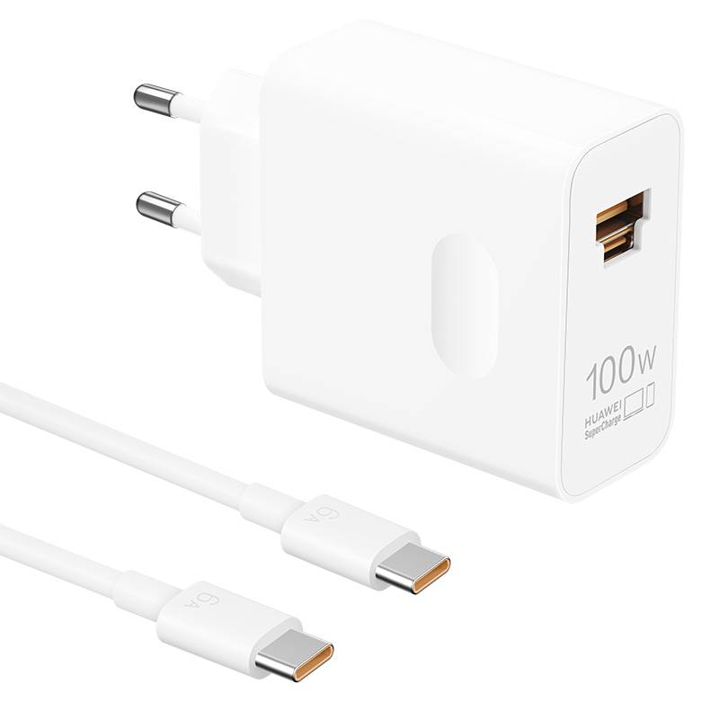Bijeli Huawei zidni punjač od 100W s europskom utikačem i USB-A portom, prikazan s USB-C kablom za punjenje.