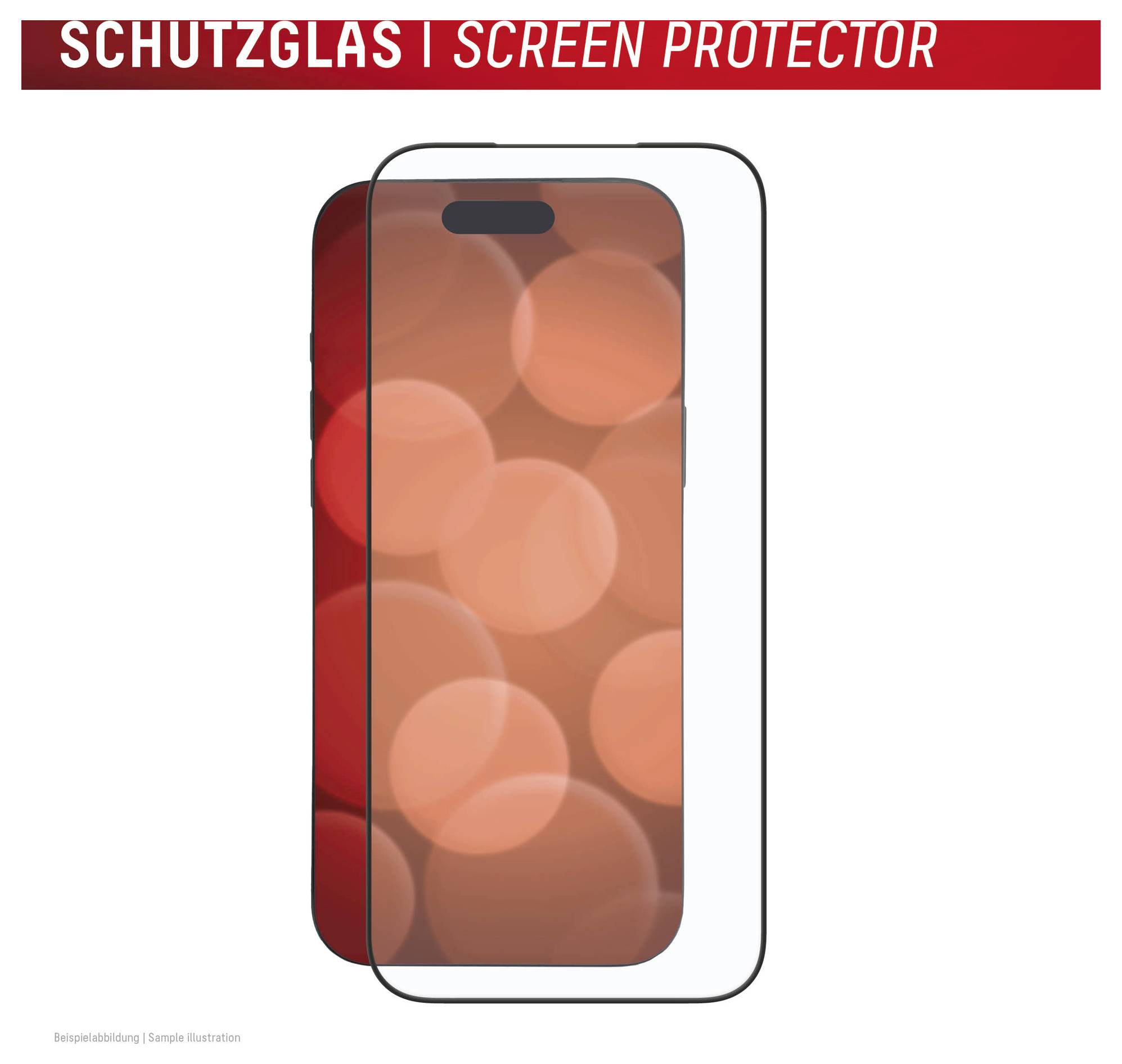 Zaštitno staklo za pametni telefon, prikazano kao prozirni zaobljeni pravokutnik na zaslonu telefona, označeno s 'SCHUTZGLAS | SCREEN PROTECTOR'.