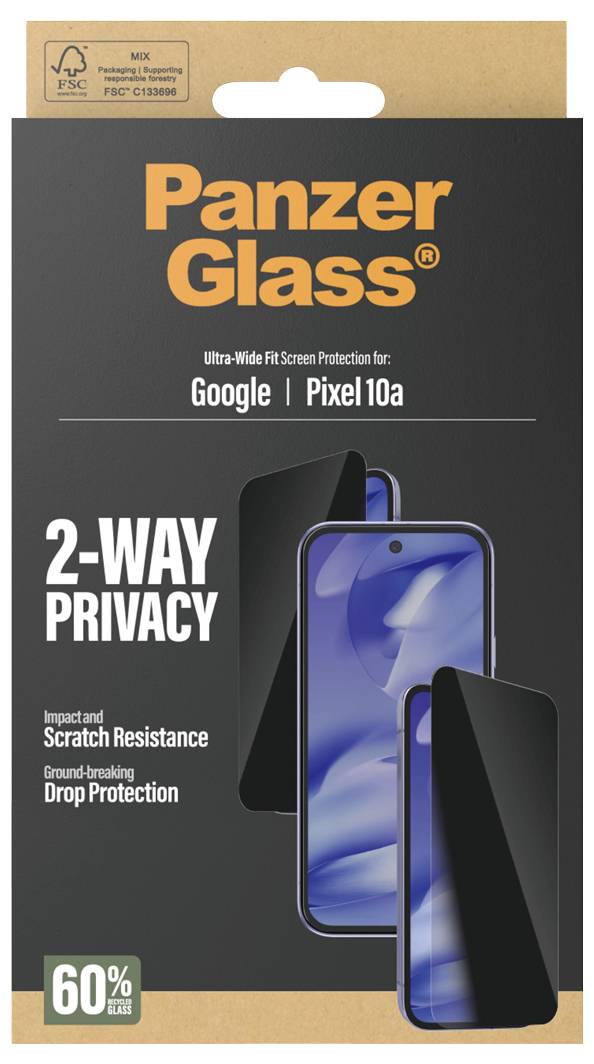 Zaštitnik zaslona Panzer Glass za Google Pixel 10a, s naglaskom na dvosmernu privatnost, otpornost na ogrebotine, zaštitu od pada i 60% manje odsjaja.