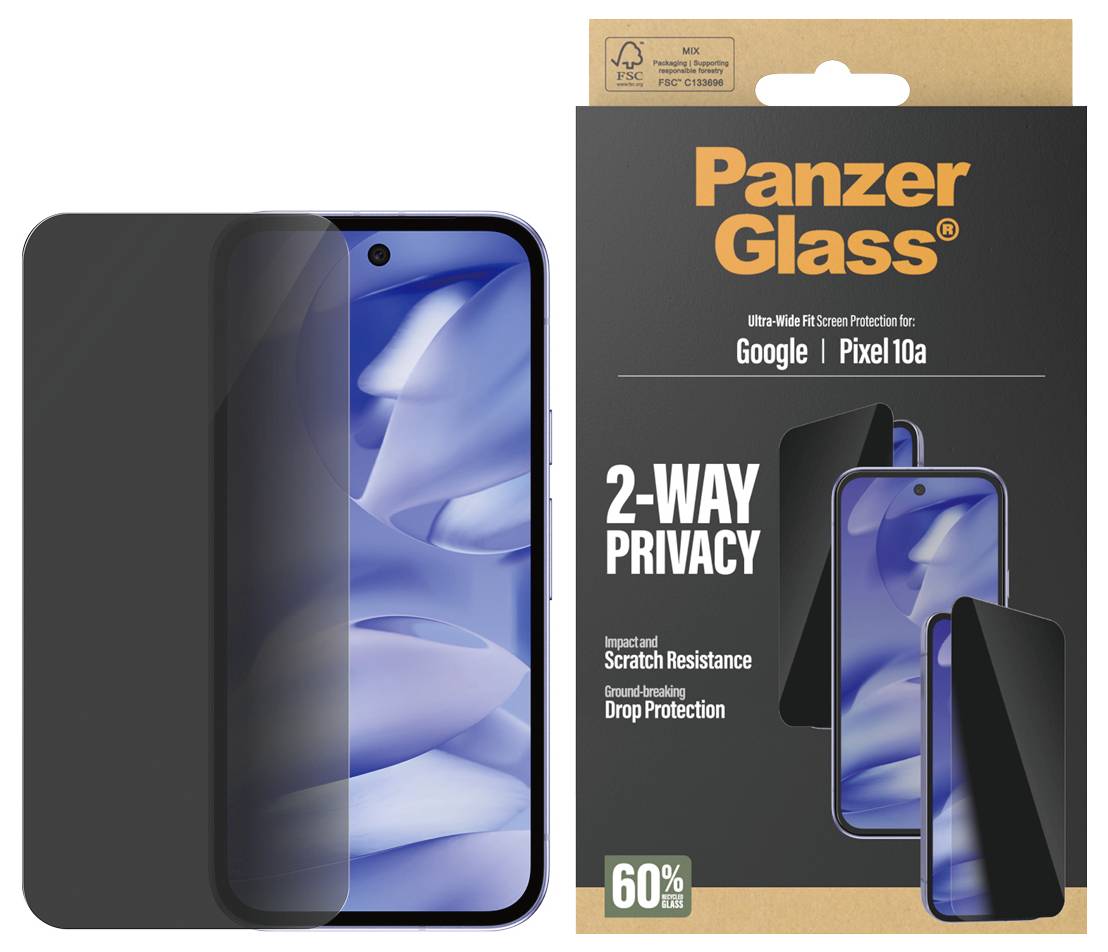 Zaštitnik zaslona Panzerglass s 2-smjernom privatnošću za Google Pixel 10a, prikazan u pakiranju i na telefonu s tamnim filtrom za privatnost.