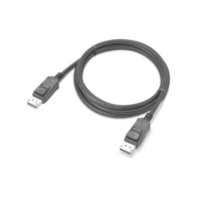 Crni kabel DisplayPort s muškastim konektorima na oba kraja, smotana na bijeloj pozadini.