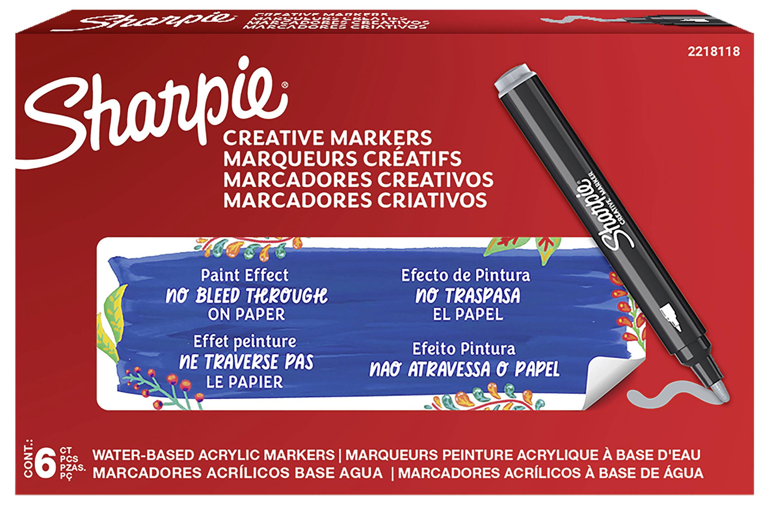 Sharpie Creative Markeri u setu od 6 komada u crvenoj ambalaži, s crnim markerom prikazanim i tekstom na etiketi koji naglašava 'Efekt boje' i bez prostrujavanja kroz papir.