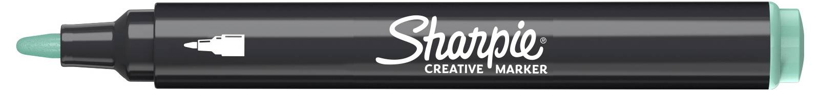 Crni Sharpie Creative Marker sa tirkiznom kapom i vrhom, prikazan u bočnom prikazu na bijeloj podlozi.