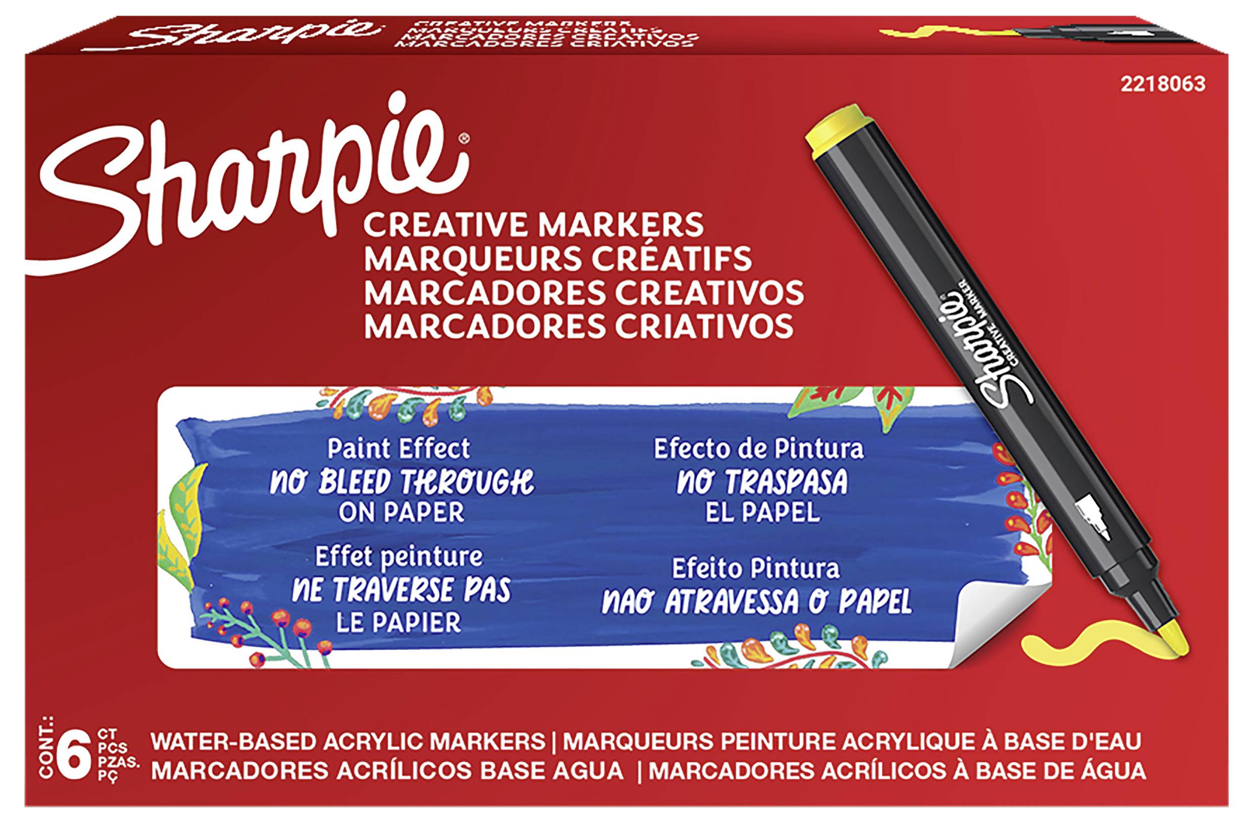 Kutija Sharpie Creative Markers, pakovanje od 6 markera, s crnim paint markerom prikazanim na crvenom pakiranju označenom s 'Paint Effect' i 'Bez prosipanja boje na papir'.