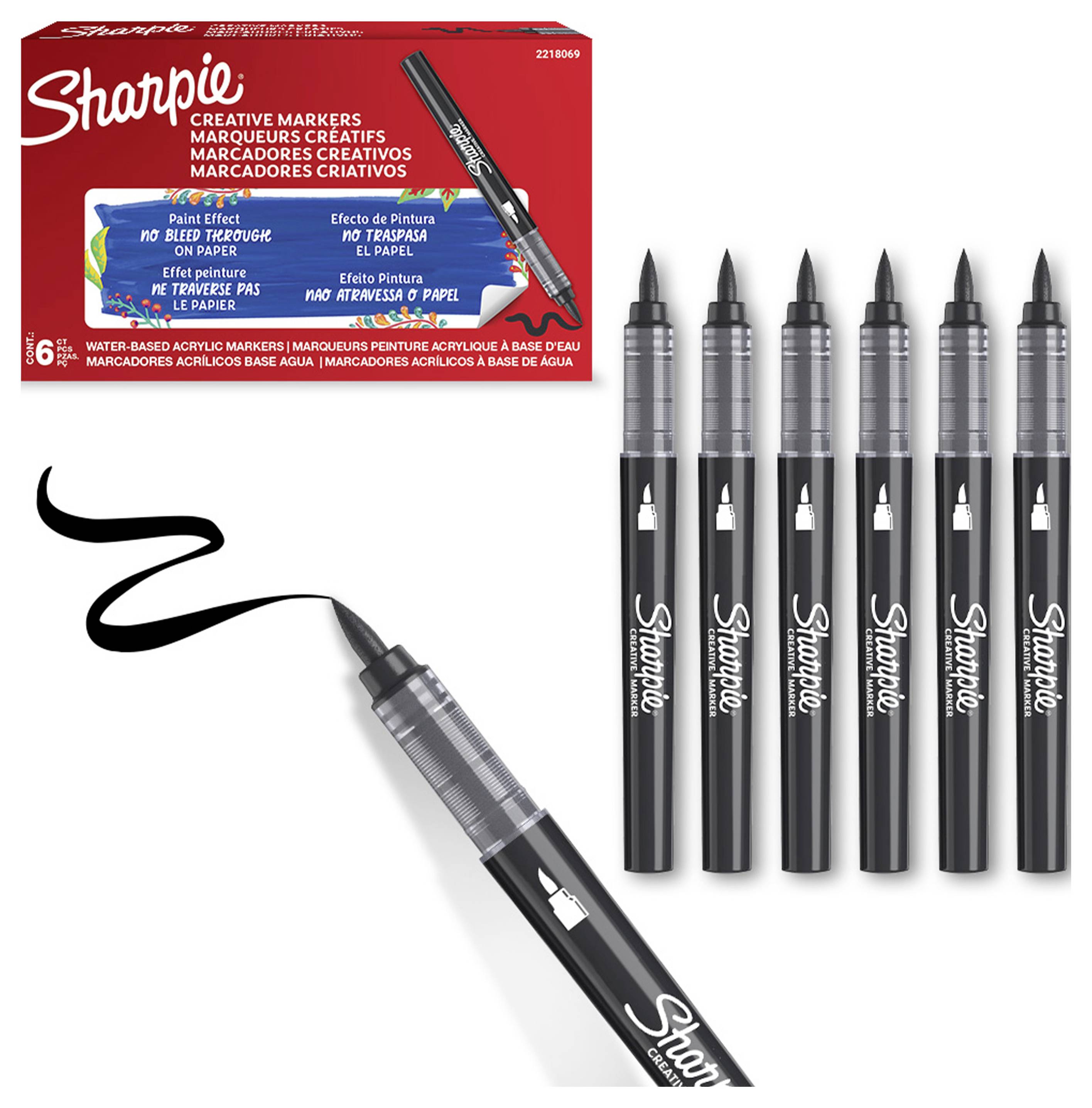 Sharpie Creative Markers prikaz: jedan crni marker koji crta debelu zakrivljenu liniju, šest markera uspravno, i ambalaža proizvoda s prikazom 'Paint Effect' i markera na bazi vode akrilne boje.