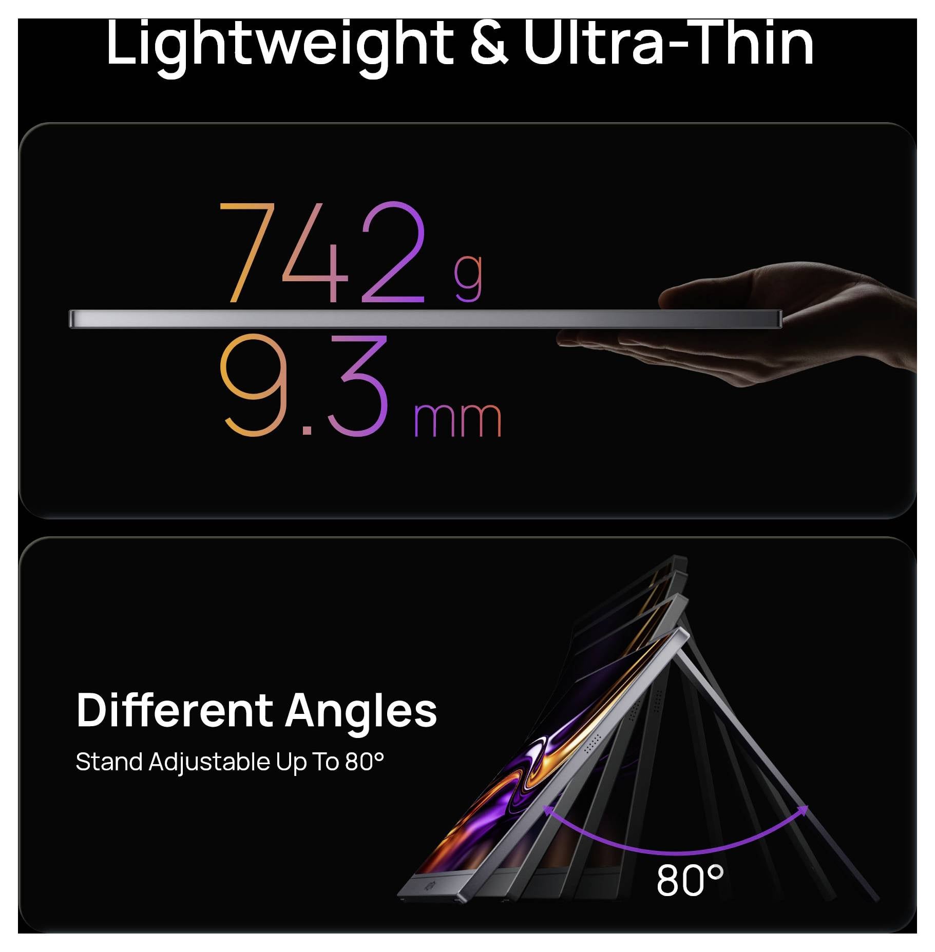 Marketinška grafika koja prikazuje lagan ultra-tanki uređaj: 742 g i debljine 9,3 mm, plus sklapajući stalak podesiv do 80°.