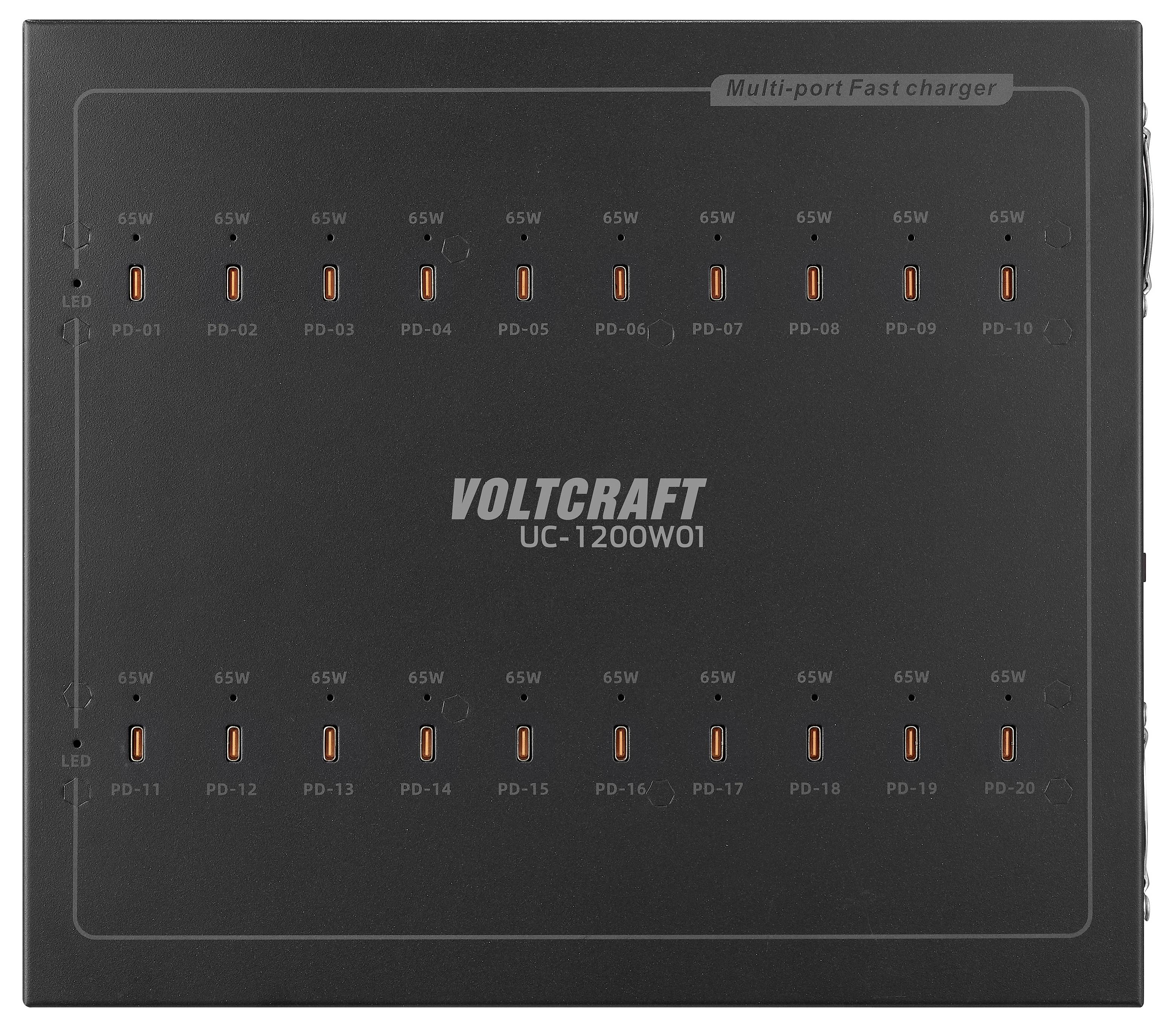 Crni brzi punjač VOLTCRAFT UC-1200W01 s više portova s 20 narančastih USB-C priključaka označenih PD-01 do PD-20, svaki označen sa 65W.