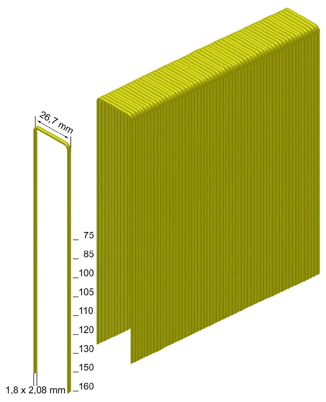 Dijagram žutog U-oblikovanog metalnog profila, označenog širine 26,7 mm i debljine 1,8 x 2,08 mm, s oznakama visine od 75 do 160 mm.